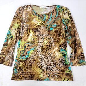 Peter Nygard Women's Long Sleeve Shirt Top Brown Gold Teal Alphabet Print SMALL